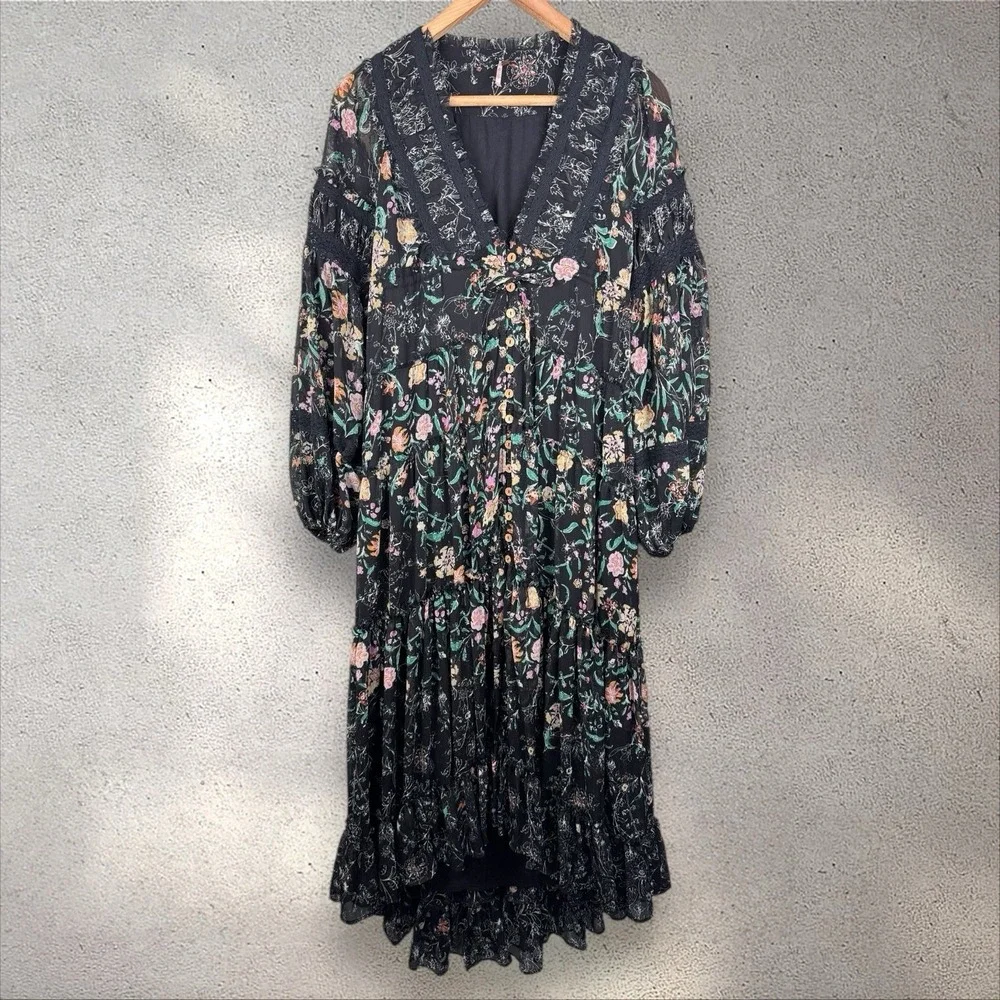 Free‎ People Cassis Printed Chiffon Maxi Dress Floral Print Black Sz XS Boho